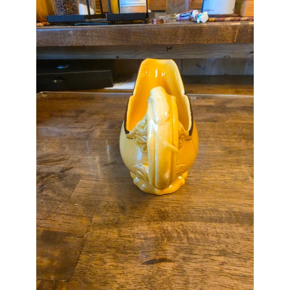 Vintage Yellow Ceramic Gravy Boat with Brown Scalloped Rim Pedestal Base 32